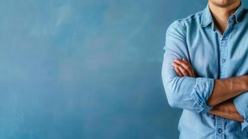 Man Standing With Arms Crossed in Front of Blue Background. AI-generated photo
