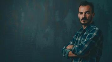 Man Standing With Arms Crossed in Front of Dark Background. AI-generated photo