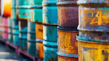 Colorful Barrels Aligned in a Row. AI-generated photo