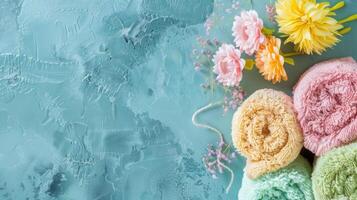 Towels Next to Flowers. AI-generated photo