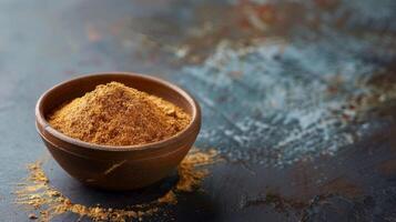 Wooden Bowl Filled With Yellow Powder on Table. AI-generated photo