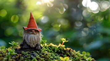 Small Gnome Figurine on Mossy Surface. AI-generated photo