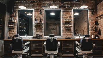 Busy Barber Shop With Brick Wall and Chairs. AI-generated photo