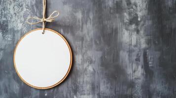 Round White Sign Hanging on a Rope. AI-generated photo