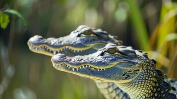 Alligators Sitting in Grass. AI-generated photo