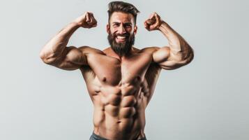 Muscular Man Flexing Biceps Without Shirt. AI-generated photo