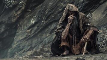 Man Sitting in Front of Mountain. AI-generated photo