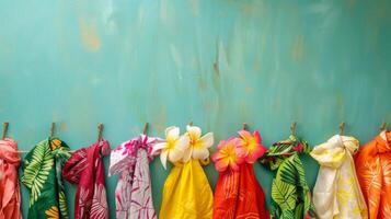 Colorful Scarves Hanging on a Clothes Line. AI-generated photo