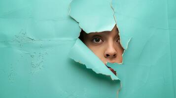 Woman Looking Through Hole in Paper. AI-generated photo