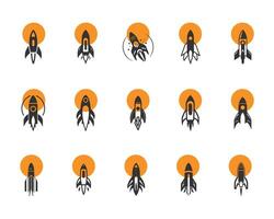 Set of Rocket Logos with Orange Circle Illustrations of Spaceship and rocket missile for space exploration and tech projects, rocket logo icons silhouette vector