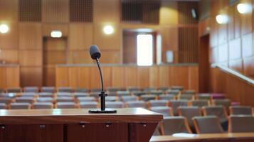 Microphone on Wooden Table. AI-generated photo