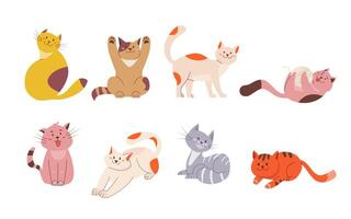 Cute smile cats set. Cartoon design collection of cat breeds in different poses. Funny kittens playing, stretching, sitting, relaxing. Pet animals isolated on white background vector