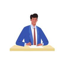 Businessman signing a contract sitting at a table. Business concept of successfully meeting, signed a project cooperation agreement. Flat cartoon isolated illustration vector