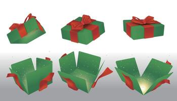 A set of opened green surprise boxes tied with red ribbons vector