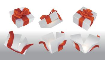 A set of open white surprise boxes tied with red ribbons vector