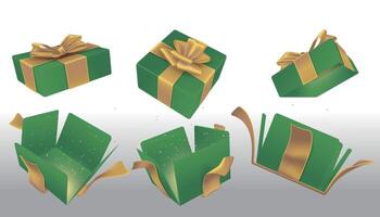 A set of opened green surprise boxes tied with gold ribbons vector