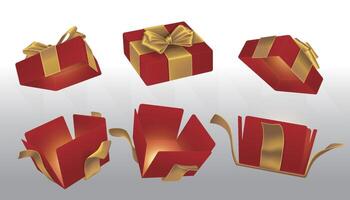 A set of opened red surprise boxes tied with gold ribbons vector
