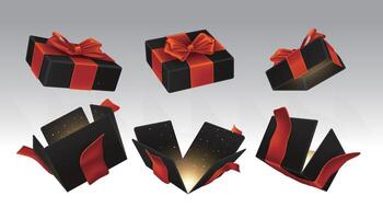 A set of opened black surprise boxes tied with red ribbon vector