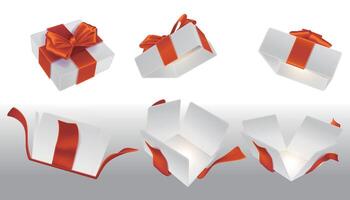 A set of open white surprise boxes tied with red ribbons vector