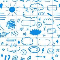 Simple sketch line style seamless pattern on checkered notebook sheet. Doodle cute ink pen line elements. Doodle arrow, heart, star, decoration symbol, icon. vector