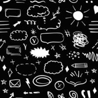 Simple sketch line style seamless pattern on chalkboard background. Doodle cute ink pen line elements. Doodle arrow, heart, star, decoration symbol, icon. vector