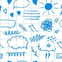 Simple sketch line style seamless pattern on checkered notebook sheet. Doodle cute ink pen line elements. Doodle arrow, heart, star, decoration symbol, icon. vector