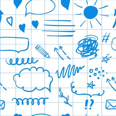 Simple sketch line style seamless pattern on checkered notebook sheet. Doodle cute ink pen line elements. Doodle arrow, heart, star, decoration symbol, icon.
