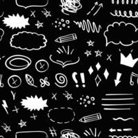 Simple sketch line style seamless pattern on chalkboard background. Doodle cute ink pen line elements. Doodle arrow, heart, star, decoration symbol, icon. vector