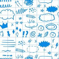 Simple sketch line style seamless pattern on checkered notebook sheet. Doodle cute ink pen line elements. Doodle arrow, heart, star, decoration symbol, icon. vector