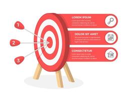 Red target with 3 elements for text and icons, infographic template, 3 steps to success vector