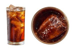 Cola in glass with ice front and top view isolated on white background. have clipping path photo