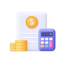 Document sheet with calculator and coin stack. Financial report, accounting, income and tax concept. 3d icon. Cartoon minimal style. vector