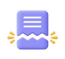 Torn document file or ripped paper sheet. Broken report, file error. 3d icon. Cartoon minimal style. vector