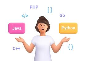 Smiling woman programmer or IT specialist choose programming language, scripts. Software development, programming and coding. 3d people character illustration. Cartoon minimal style. vector