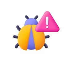 Bug with warning symbol, triangle with exclamation point. Cyber virus, malware. Cyber security concept. 3d icon. Cartoon minimal style. vector