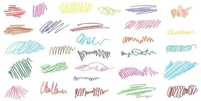 Crayon doodles. Grungy hand drawn scribbles, crayon hand-drawn strokes, scrawls. Set of colorful grunge elements. Childish collage. vector