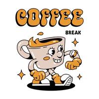 Hand drawn character Of Coffee Break Pose Retro Cartoon Groovy Style vector