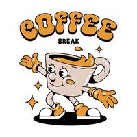 Hand drawn character Of Coffee Break Pose Retro Cartoon Groovy Style vector