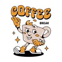 Hand drawn character Of Coffee Break Pose Retro Cartoon Groovy Style vector