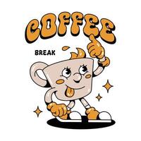 Hand drawn character Of Coffee Break Pose Retro Cartoon Groovy Style vector