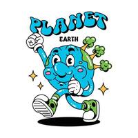 Hand drawn character Of Planet Earth Pose Retro Cartoon Groovy Style vector