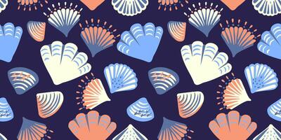 Colorful seamless pattern with abstract artistic shapes sea shells on a dark blue background. Creative summer tropical marine printing. hand drawing sketch.Template for designs, notebook cover vector