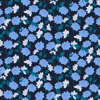 Blooming blue meadow seamless pattern on a black background. Abstract artistic branches with wild flowers, small leaves, tiny buds printing. hand drawing sketch. Template for designs vector