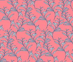 Colorful seamless pattern with abstract artistic tiny leaf stems. Creative branches leaves printing on a pink background. hand drawing illustration. Template for designs, textile, fashion, fabric vector