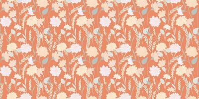 Yellow blooming wild meadow seamless pattern. Abstract artistic branches with ditsy flowers, small leaves, tiny buds printing. hand drawing sketch. Template for designs vector