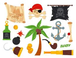 Pirates. Set of different pirate items in flat style on a white background. Cartoon illustration. Palm tree, pirate flag, ship anchor and more. vector