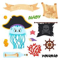 Cartoon jellyfish pirate in flat style on a white background. Sea creatures. Set of illustrations with a funny jellyfish and decorative items. vector
