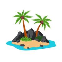The Island. An uninhabited island with palm trees and rocks. A land in the middle of the ocean. Cartoon illustration in flat style. Kids illustration of an island. vector