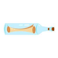 Scroll of old paper in a glass bottle. Message in a bottle. Marine clipart on a white background. Cartoon illustration in flat style. vector