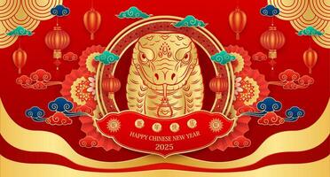 Happy Chinese New Year 2025. Chinese snake gold with clouds lanterns on red background for card design. China zodiac lunar calendar animal. Translation happy new year 2025, year of the snake. . vector